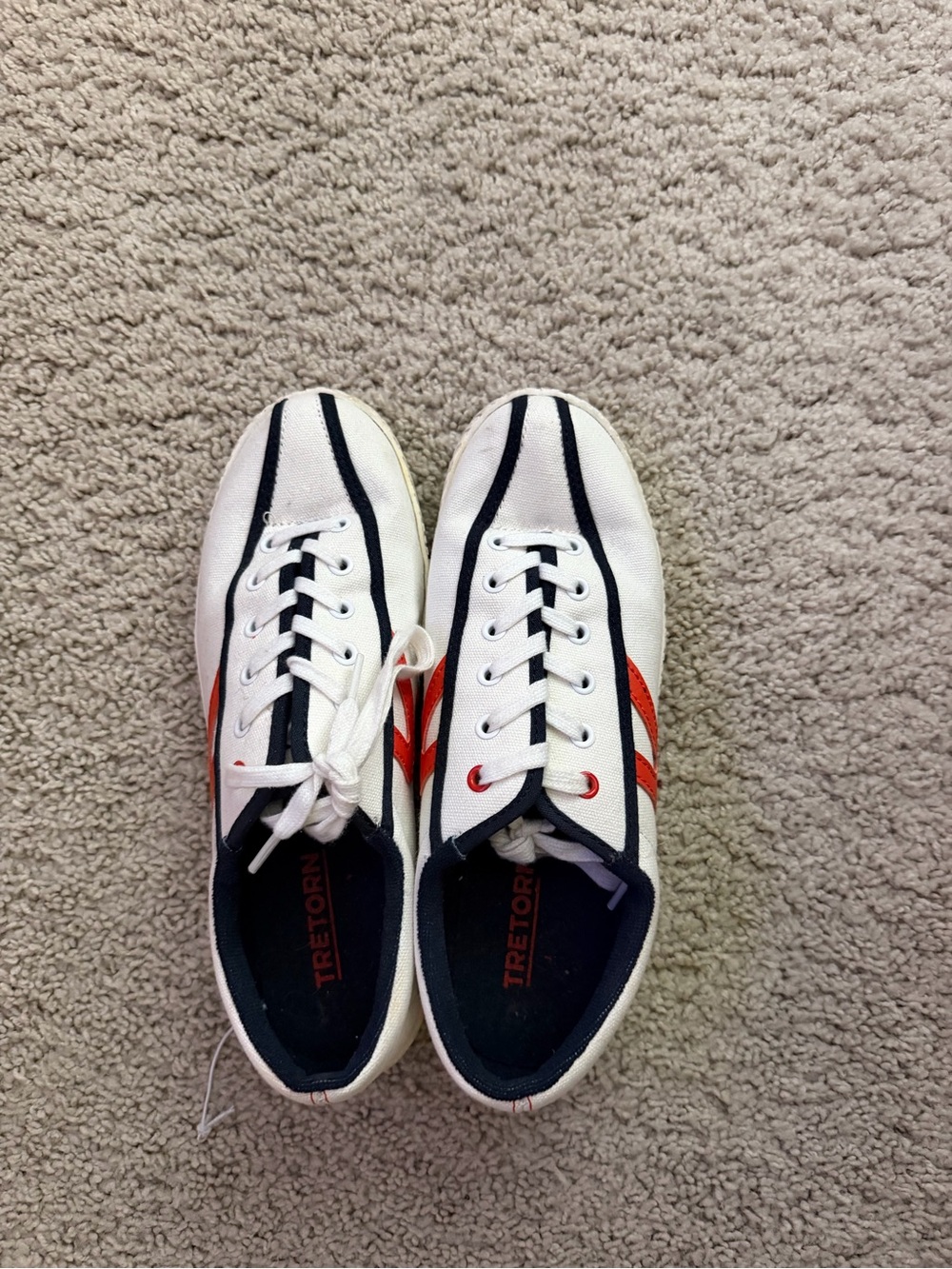 Tretorn White Canvas Sneakers with Navy Stripes and Orange Accents